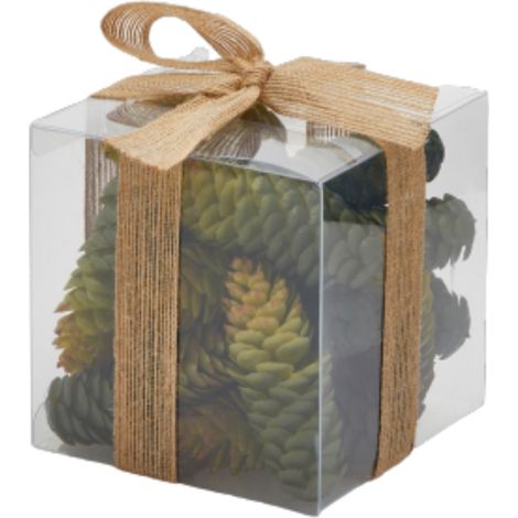 Confezione da 18 pigne verdi in pacco regalo trasparente con nastro dorato (1/4)