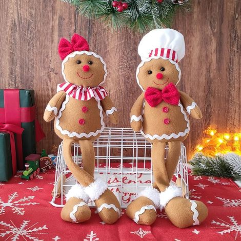 Grand modèle de 15 pouces : personnages peluchés de Noël en pain d'épices garçon et fille, avec chapeau de chef et nœud papillon. Ornement de Noël, décoration d'intérieur, poupée douce pour porte (1/4)