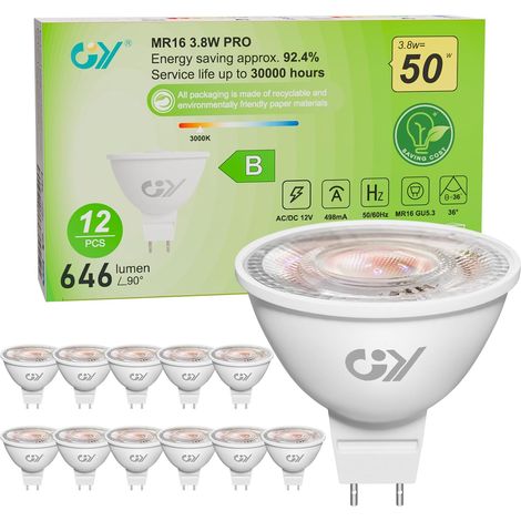Ampoules LED GU5.3 MR16 12V Classe B, 646LM Blanc Chaud 3000K,3.8W Équivalent 50W 36° Angle LED Spot (Faisceau Étroit), Efficacité Energétique, Non-Dimmable,Pas de scintillement, Lot de 12 (1/5)