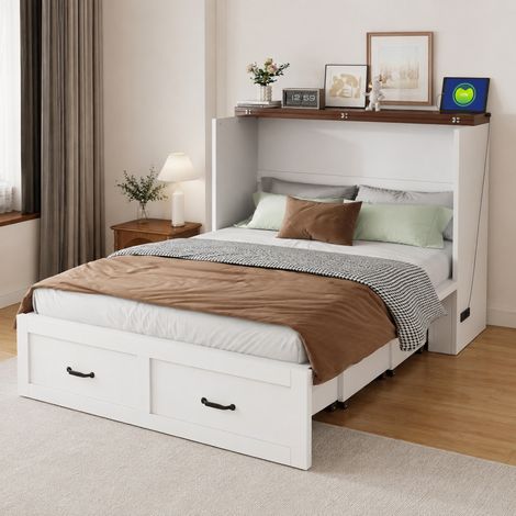 Cama abatible 140 x 200 cm con almacenamiento, toma UE, estructura metálica, blanca, OKWISH (1/5)