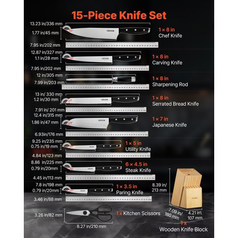 Set Couteaux Cuisine avec Bloc et Aiguiseur 15PCs, Bloc de Couteaux Tranchants en Inox à Haute Teneur en Carbone, Coutellerie de Cu… (1/5)
