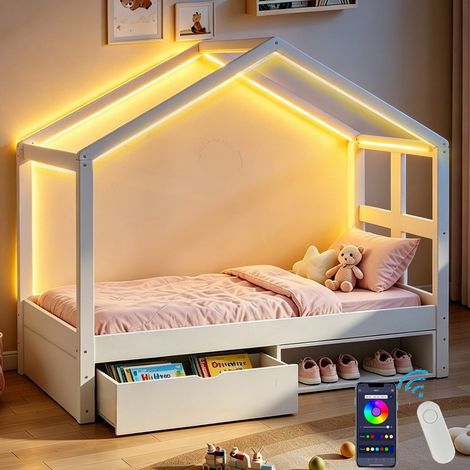 Lit en Bois 90x190 cm avec Tiroirs, Petit Placard à Chaussures et éclairage LED multicolore, Lit Enfant 1 Place barrières de sécurité, Blanc (1/5)