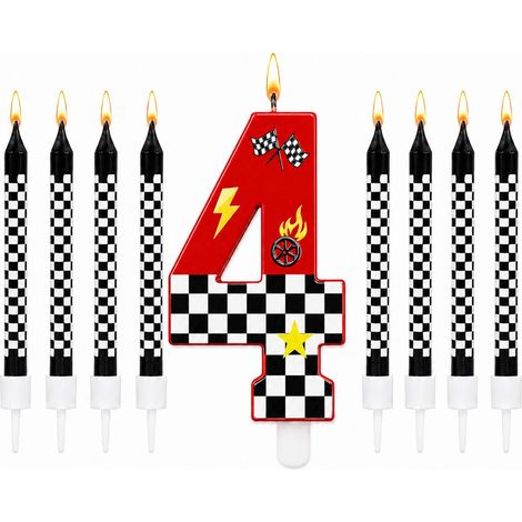 Bougie d'anniversaire chiffre 4 voiture de course, bougie 4 ans avec 8 bougies de gâteau noires et blanches, drapeaux de course, décoration de gâteau pour anniversaire d'enfant (1/5)