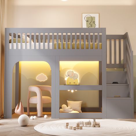 Lit mezzanine enfant 90x200 cm en bois avec rangement, LED, escalier de rangement, sommier à lattes, gris (1/5)