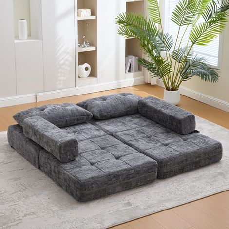 Canapé convertible pliable avec matelas et dossier, réversible en lit, tissu chenille gris pour salon et chambre