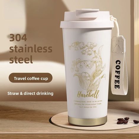 (Blanc, 500 ml) Mug isotherme en acier inoxydable avec paille et double couvercle étanche, idéal pour le bureau, la voiture et les voyages. (1/5)
