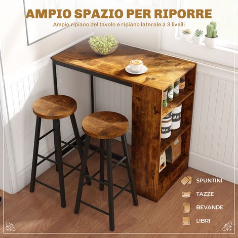 Set de bar industriel 3 niveaux avec 2 tabourets hauts et repose-pieds, brun, table à manger avec étagères (1/5)