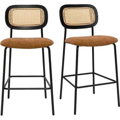 Designhocker aus Samtstoff in verbrannter Erde Effekt, schwarzem Metall und Rattan-Geflecht (Set aus 2) MIRANDA
