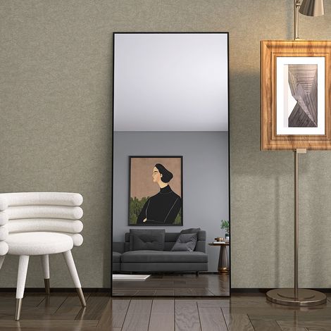 Espejo cuadrado de cuerpo entero de 80 x 180 cm, con soporte ajustable, espejo de pie sencillo, marco de aluminio negro, para decoración del hogar, pared, sala de estar, guardarropa. (1/5)
