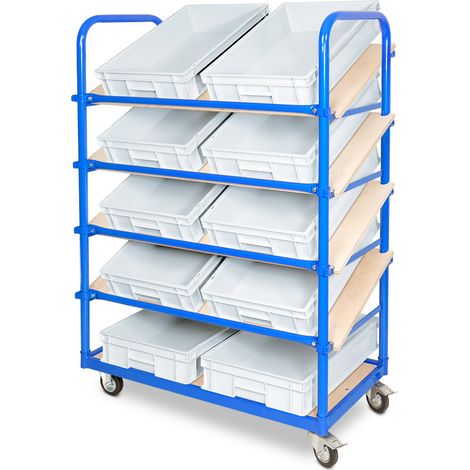 BRB Schrägboden-Regalwagen BxTxH 1050x500x1450 mm, mit 5 Ebenen, 2 Lenk-/2 Bockrollen, bestückt mit 10 Euroboxen BxTxH 600x400x120 mm (weiß)
