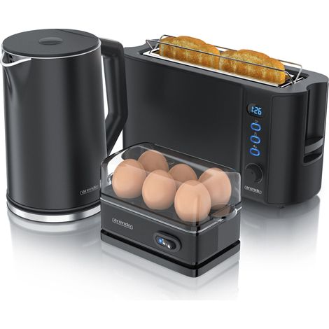 Arendo Frühstücks-Set Wasserkocher 1,5l, 2-Scheiben Toaster, 6er Eierkocher, Schwarz (1/5)