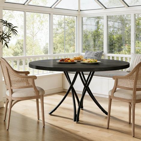 REDOM - Table à manger ronde 120x120x75 cm - pieds croisés - bois noir - pour 4 à 6 personnes (1/5)
