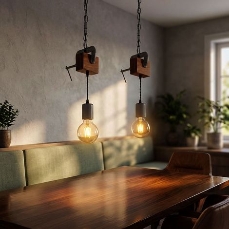 Lampada a sospensione da tavolo da pranzo in legno, lampada da soffitto retrò vintage, morsetto a vite in metallo zincato, 1x attacco E27, LxH 14x120 cm, set da 2 (1/5)