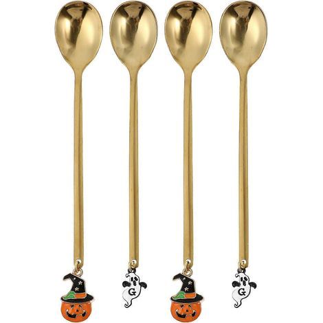 Set mit 4 Halloween-Kürbis-Dessertlöffeln (verschiedene Farben) – 13,5 x 2,5 cm – Gold (1/3)