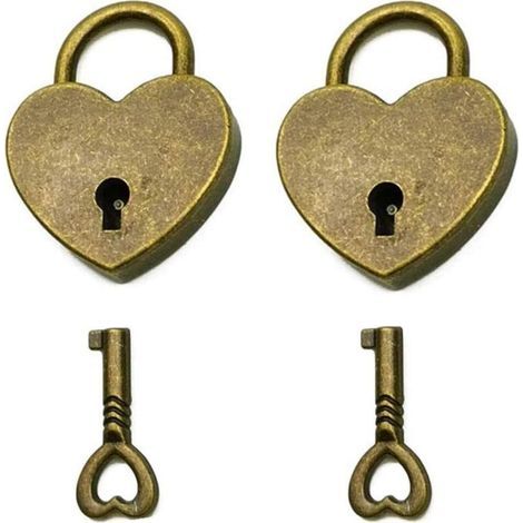Set mit 2 Mini-Vorhängeschlössern in Herzform im Vintage-Stil mit Schlüssel, Antikbronze (1/5)