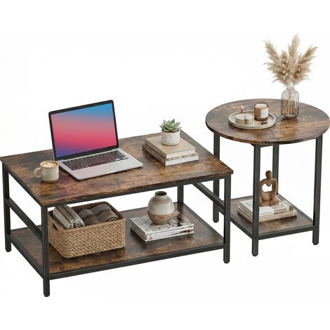 Ensemble de table basse 2 pièces, table rectangulaire et table ronde avec rangement à 2 niveaux, pour salon, marron rustique