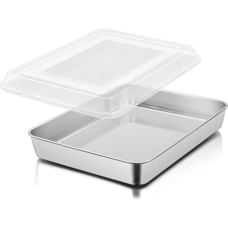 Moule à gâteau, plaque de cuisson profonde avec couvercle (23.8x18x5 cm) en acier inoxydable, Plaque à gâteau rectangulaire, brownie lasagna, finition miroir et passe au lave-vaisselle (1/5)