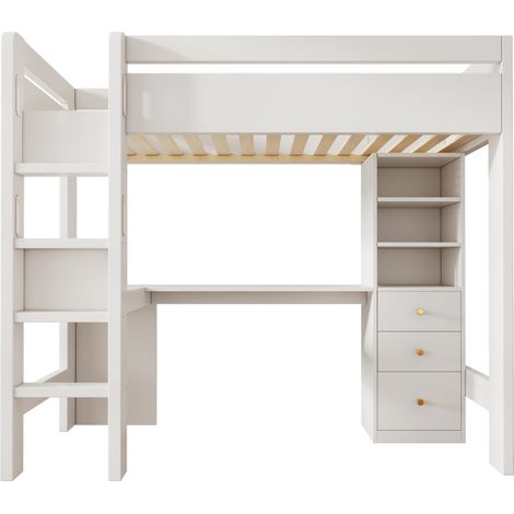 Letto a soppalco 90x200 cm con scrivania a L, mensole, cassetti USB/Type-C, bianco (1/5)