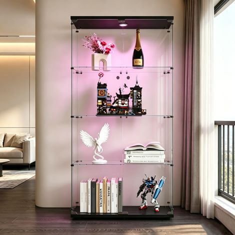 Vitrine en verre avec éclairage LED, vitrine collection 4 niveaux à double porte, Protection anti-basculement pour salon, chambre ou bureau, base noir, 80.5x36.5x164 cm