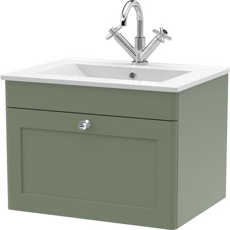 Swynnerton Traditional 1 Drawer Wall Hung Vanity Unit with Basin, Satin Green, 600mm