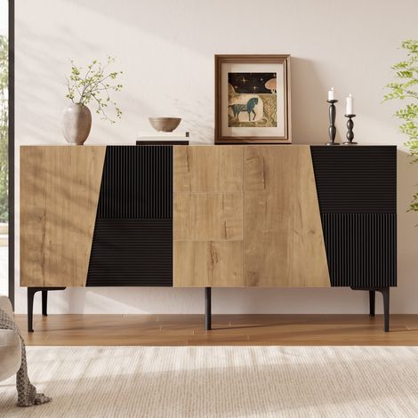 Buffet 4 portes 3 tiroirs aspect bois/noir 160×40×80cm, pieds en fer, grand rangement salon et salle à manger (1/5)