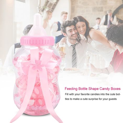 Lot de 30 jolies boîtes à bonbons en forme de biberon, roses, pour la décoration de fêtes de baptême. (1/5)
