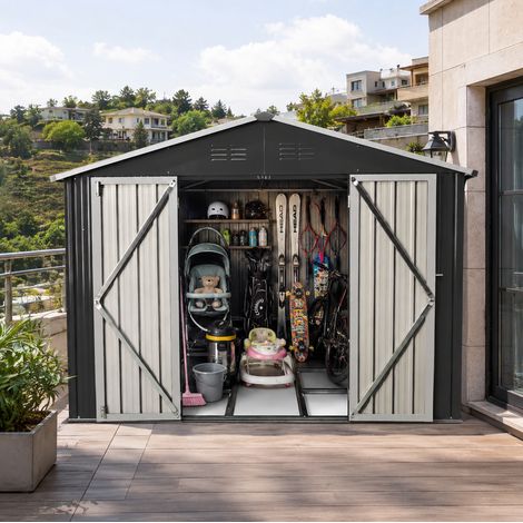 Casetta da giardino 313,4x258,8x191,5 cm in acciaio zincato nero, doppia porta – MEUBLIV (1/5)
