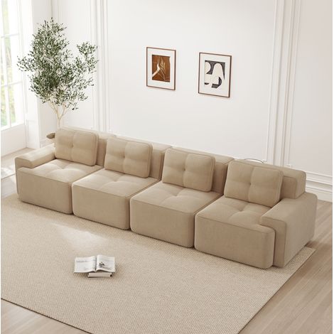 REDOM - Canapé 4 places modulaire, confort nuage, assise profonde, base antidérapante, tissu corduroy beige (1/5)