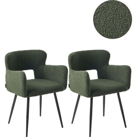 Lot de 2 Chaises de Salle à Manger Modernes avec Accoudoirs et Assise Rembourrage Touffeté en Tissu Bouclé Vert Foncé Sanilac (1/5)