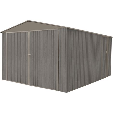 Chalet & Jardin – Garage métal bois vieilli 18,24 m² – Structure acier galvanisé – Dimensions ext. 380 x 480 x 232 cm – Double porte ouvrante