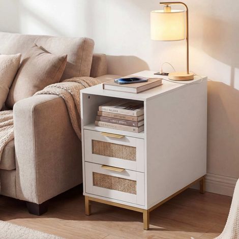 Table d'appoint blanche en bois et rotin avec station de recharge, 2 tiroirs et compartiment ouvert pour chambre, salon et entrée (1/5)