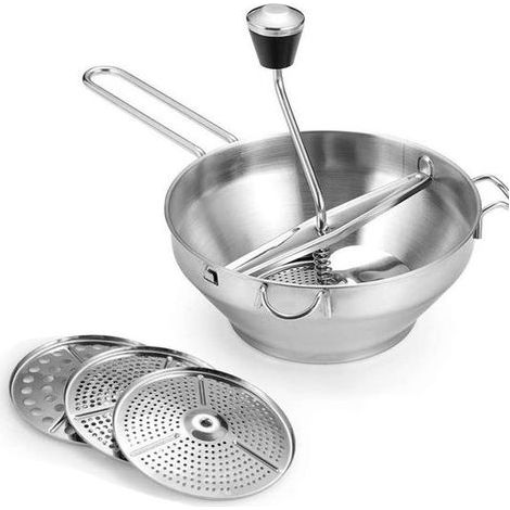 Moulin à légumes rotatif - pilon à confiture - avec 3 disques de broyage interchangeables - en acier inoxydable - idéal pour la préparation de purées de légumes et de confitures. Argenté (1/5)