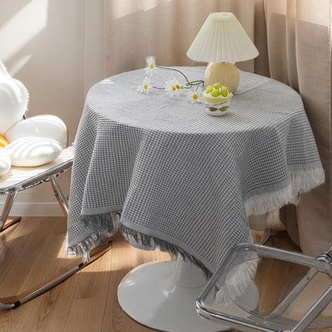Manteles con borlas, mantel de gofre para uso interior y exterior, mantel de gofre para cocina, comedor, casa de campo, camping, fiestas, gris claro, 130x130cm (1/5)