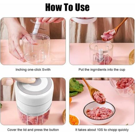 Mini hachoir électrique - - Mini 250/100 ml - USB rechargeable - Lame inox - Blanc (1/4)