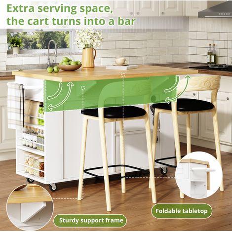 Mobile Kücheninsel mit klappbarer Arbeitsplatte, Küchenwagen, Stauraumschrank, Müllschrank, Buffetschrank mit Ausziehbarer Schrank-Organizer, Schublade, Steckdosen und Rollen, 120 × 45 (70) × 84 cm (1/5)