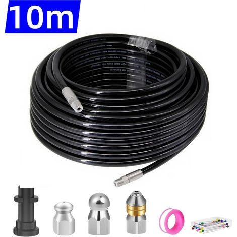Tuyau de débouchage (10 m) pour nettoyeur haute pression, filetage NPT 1/4", buse rotative à angle et à bouton pour Karcher. (1/5)