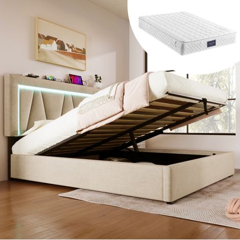 Lit adulte rangement LED 140x200 beige USB Type C moderne HAVRYA (1/5)