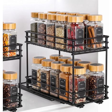 Étagère À Épices,Rangement Épices Cuisine Extensible À 2 Niveaux – Organisateur Placard Cuisine Avec Glissement Synchronisé, 2 Fixations (26  15  21.8cm) (1/5)