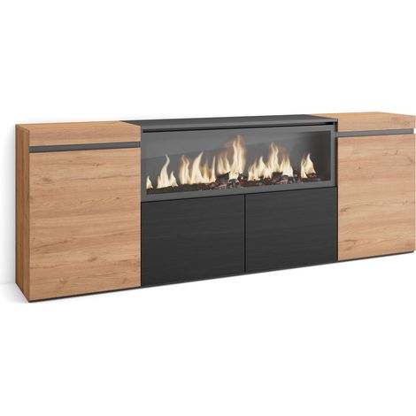 Skraut Home – Buffet moderne avec cheminée électrique XXL – 4 portes – Chêne et noir – Dimensions 208x35x75cm – Meuble de rangement pour salon et cuisine (1/5)