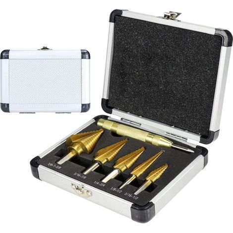 Coffret de 5 forets étagés en titane HSS + 1 pièce, 50 tailles différentes, pour le travail du métal, avec coffret en aluminium. (1/5)