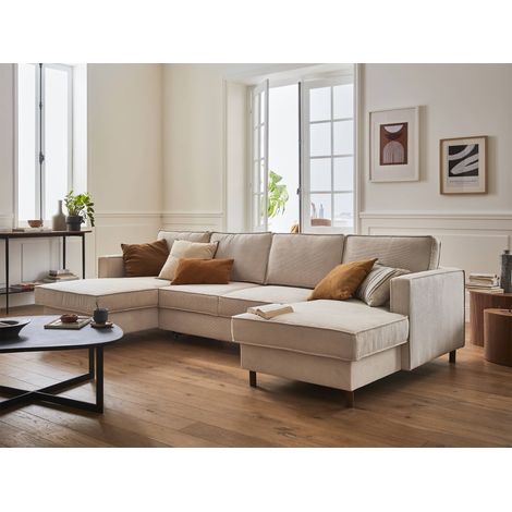 Jake – wohnlandschaft u-form – 7-sitzer – mit schlaffunktion und bettkasten – aus cord - beige (1/5)
