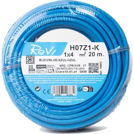 Cable Electrico Libre Halogenos 4 mm2 Azul 20 m  Hilo PVC H07Z1-K Flexible  Manguera Electricidad (1/5)