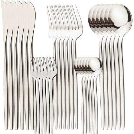 (Argent) Ensemble de couverts en acier inoxydable de 30 pièces, comprenant couteaux, fourchettes, cuillères, assiettes, etc. (1/5)