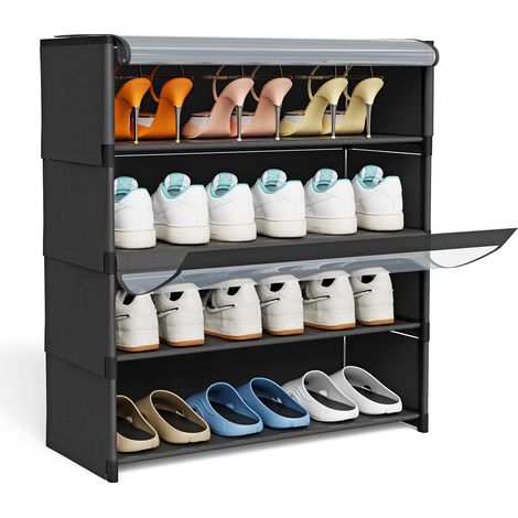 Armoire à chaussures 4 couches noir 73 x 64 x 30 cm – Tubes en Métal + Plastique – Avec porte en PVC translucide – Capacité 12 paires (1/5)