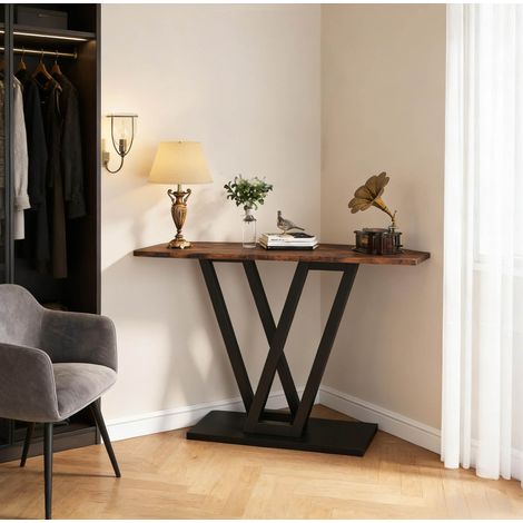 Console 110x30x80 cm noir en métal et bois avec pied en V, design étroit et stable (1/5)