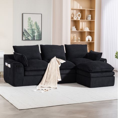 Canapé modulaire 3 places avec pouf 263x167x85 cm noir en velours côtelé avec poches latérales et coussins (1/5)