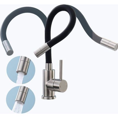 Robinet Cuisine Flexible, Robinet Evier de Cuisine avec 2 Types de Jet, Robinet Evier Pivotant à 360°, Mitigeur Cuisine Noir (1/5)