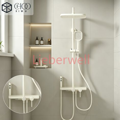 Ensemble de douche gris anthracite neuf en laiton avec support de rangement, mitigeur chaud/froid, installation simple, multifonctionnel (1/5)