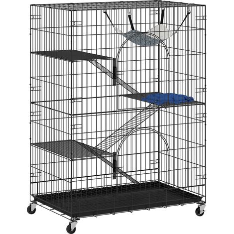 Gabbia per Gatti 91,5x55,6x128 cm a 4 Livelli con Amaca Letto Rampe e Piattaforme in Metallo con Vassoio Estraibile Nero (1/5)