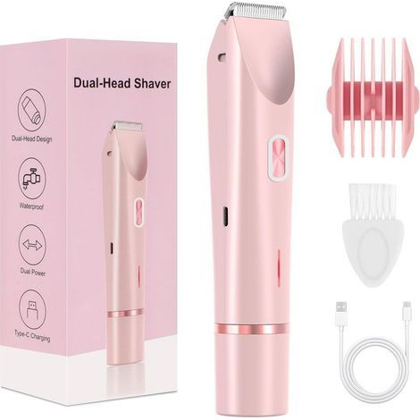 Bikini-Rasierer, Doppelkopfrasierer für Frauen, wasserdichter 2-in-1-Elektro-Bikini-Trimmer, geeignet für trockene und nasse Haut (rosa) (1/5)